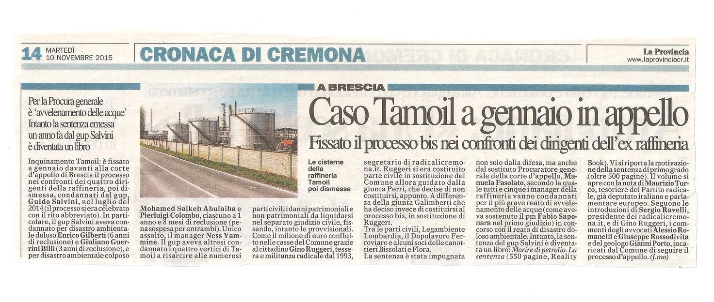 2015 11 10 * La Provincia * Caso Tamoil a gennaio in appello