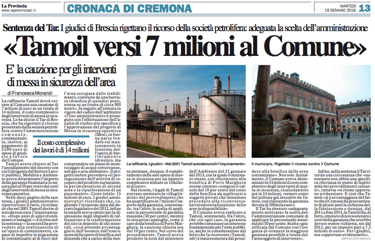 2016 01 19 * La Provincia * "Tamoil versi 7 milioni al Comune" * Francesca Morandi